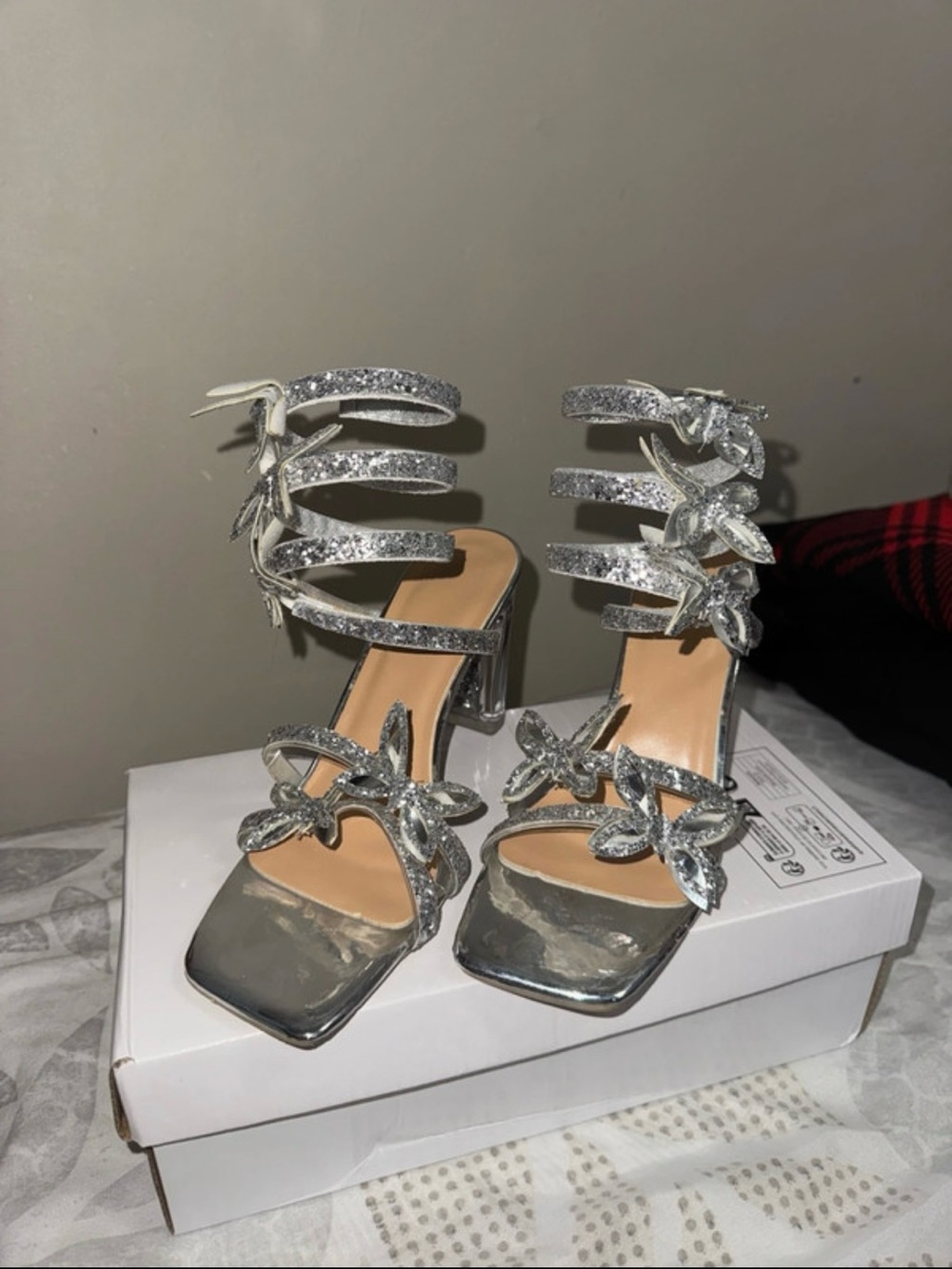 SHEIN Silver Glitter Strappy Block Heel Sandals with Floral Appliques